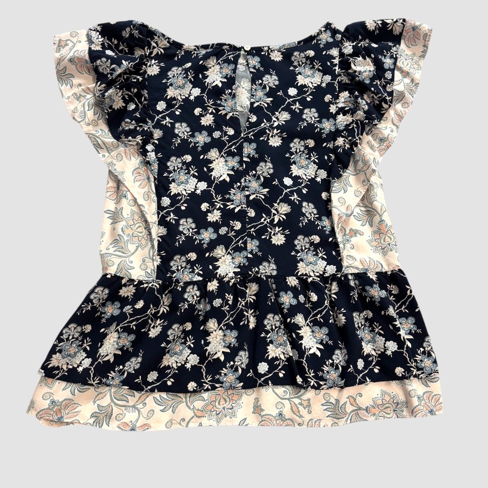 Loft Women’s Small Top Floral Ruffled Cap Sleeve Blouse‎ Navy Blue and Pink - Picture 4 of 7